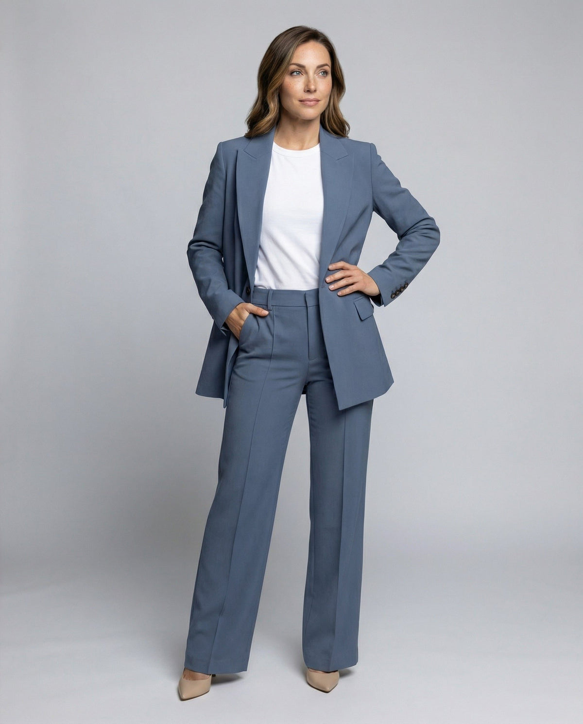 Black Blazer and Wide Leg Trousers Set for Women - View 12