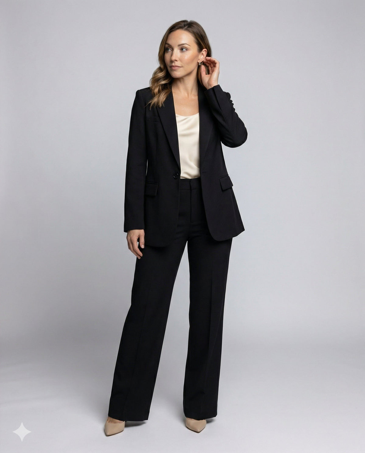 Black Blazer and Wide Leg Trousers Set for Women - View 22
