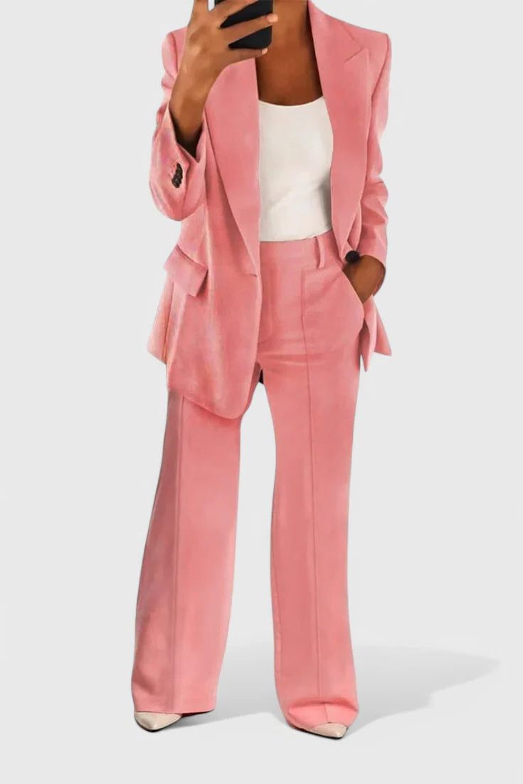 Black Blazer and Wide Leg Trousers Set for Women - Pink
