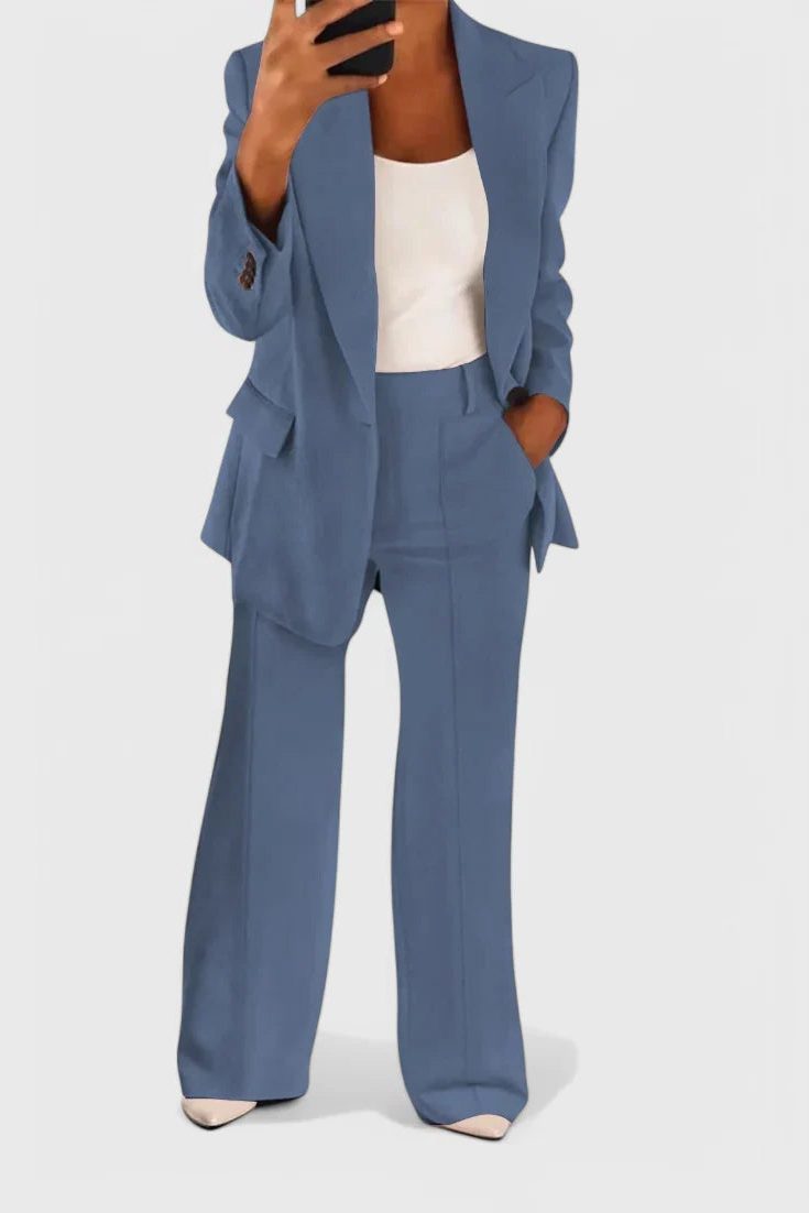 Black Blazer and Wide Leg Trousers Set for Women - Light Blue
