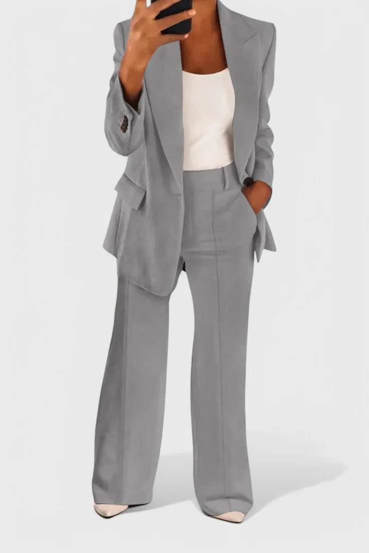 Black Blazer and Wide Leg Trousers Set for Women - Gray