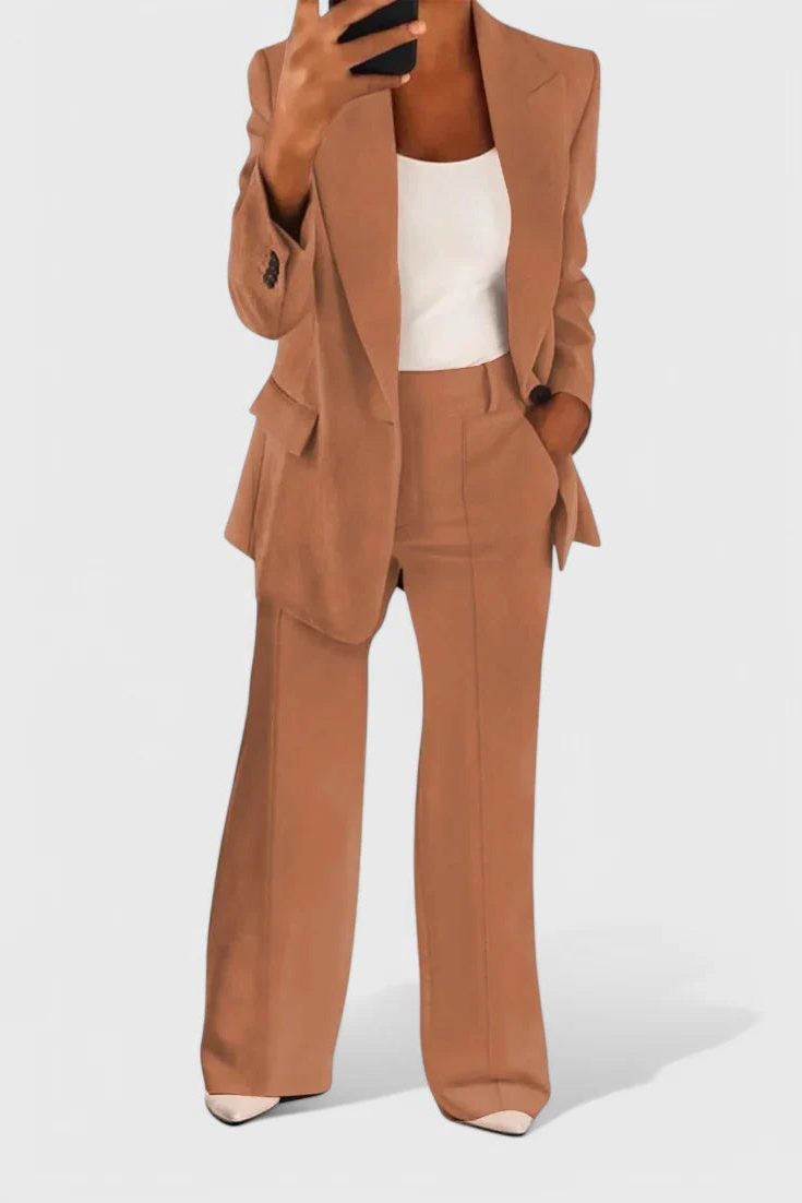 Black Blazer and Wide Leg Trousers Set for Women - Brown