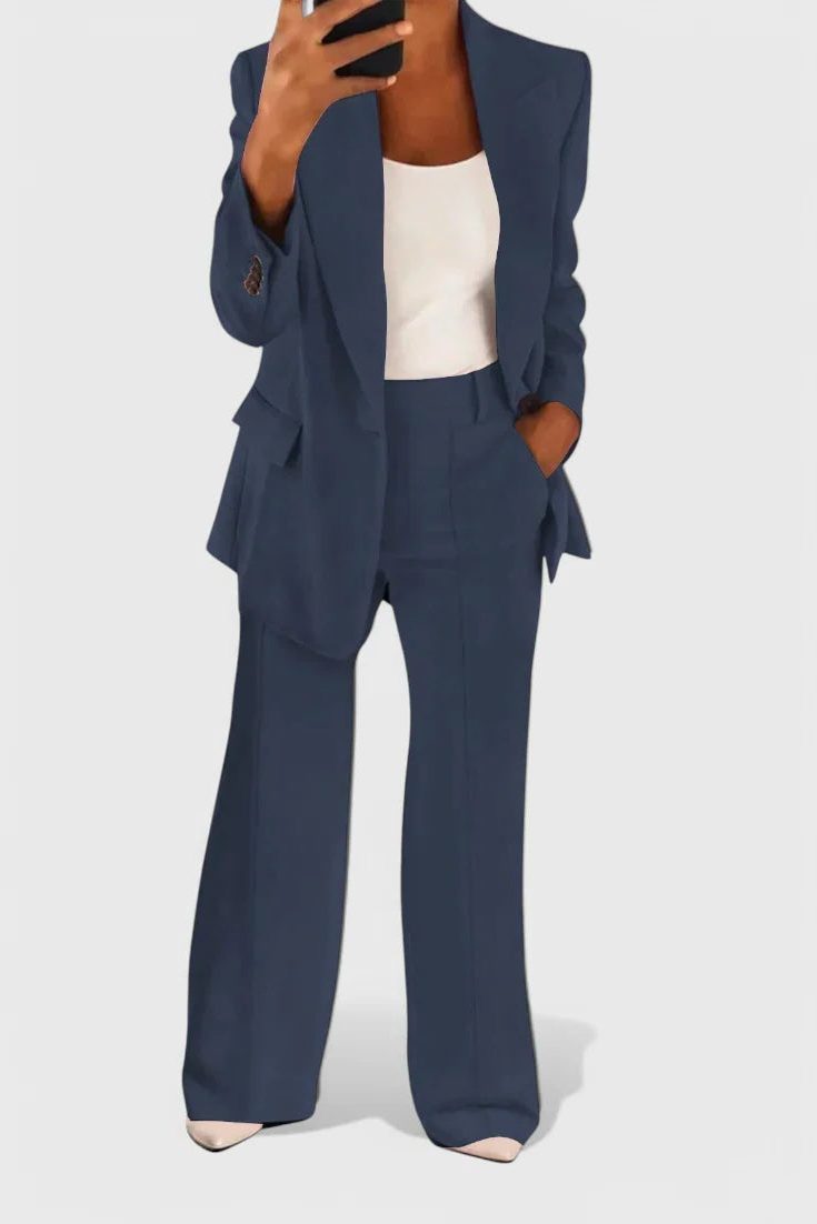 Black Blazer and Wide Leg Trousers Set for Women - View 7
