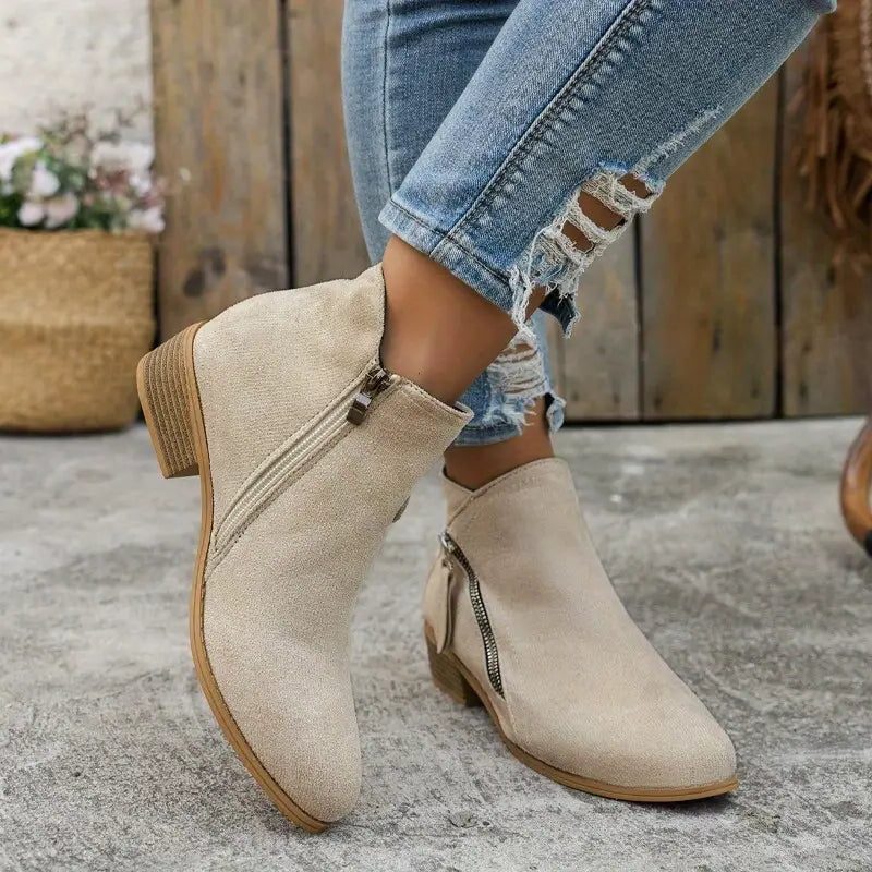 Block Heel Ankle Boots for Women - Beige