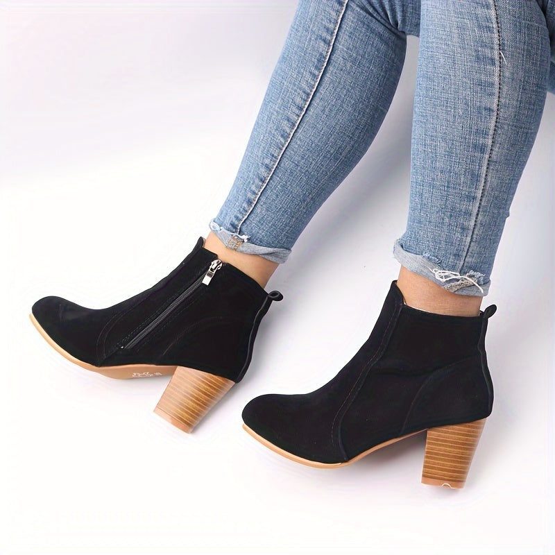 Block Heel Ankle Boots with Side Zip for Women - Black