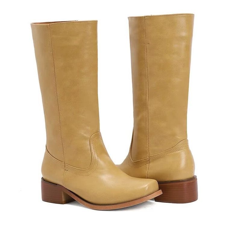 Block Heel Knee High Boots for Women - Yellow