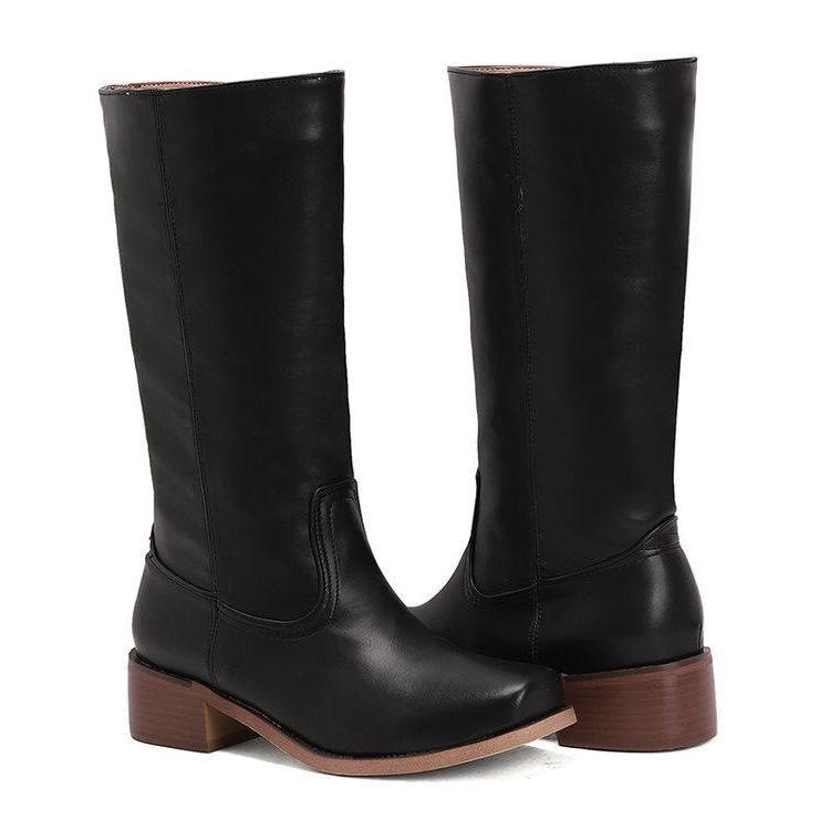 Block Heel Knee High Boots for Women - Black