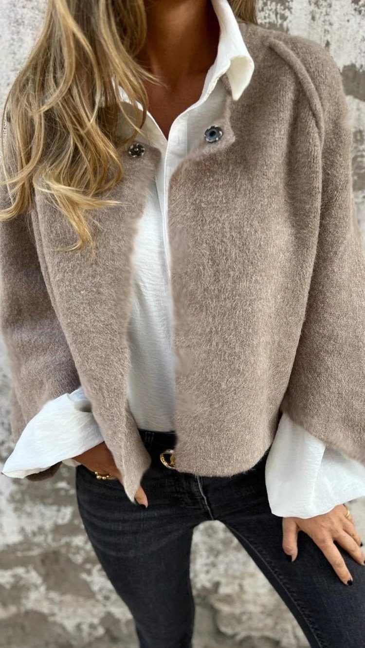 Button-Down Cropped Cardigan for Women - Beige