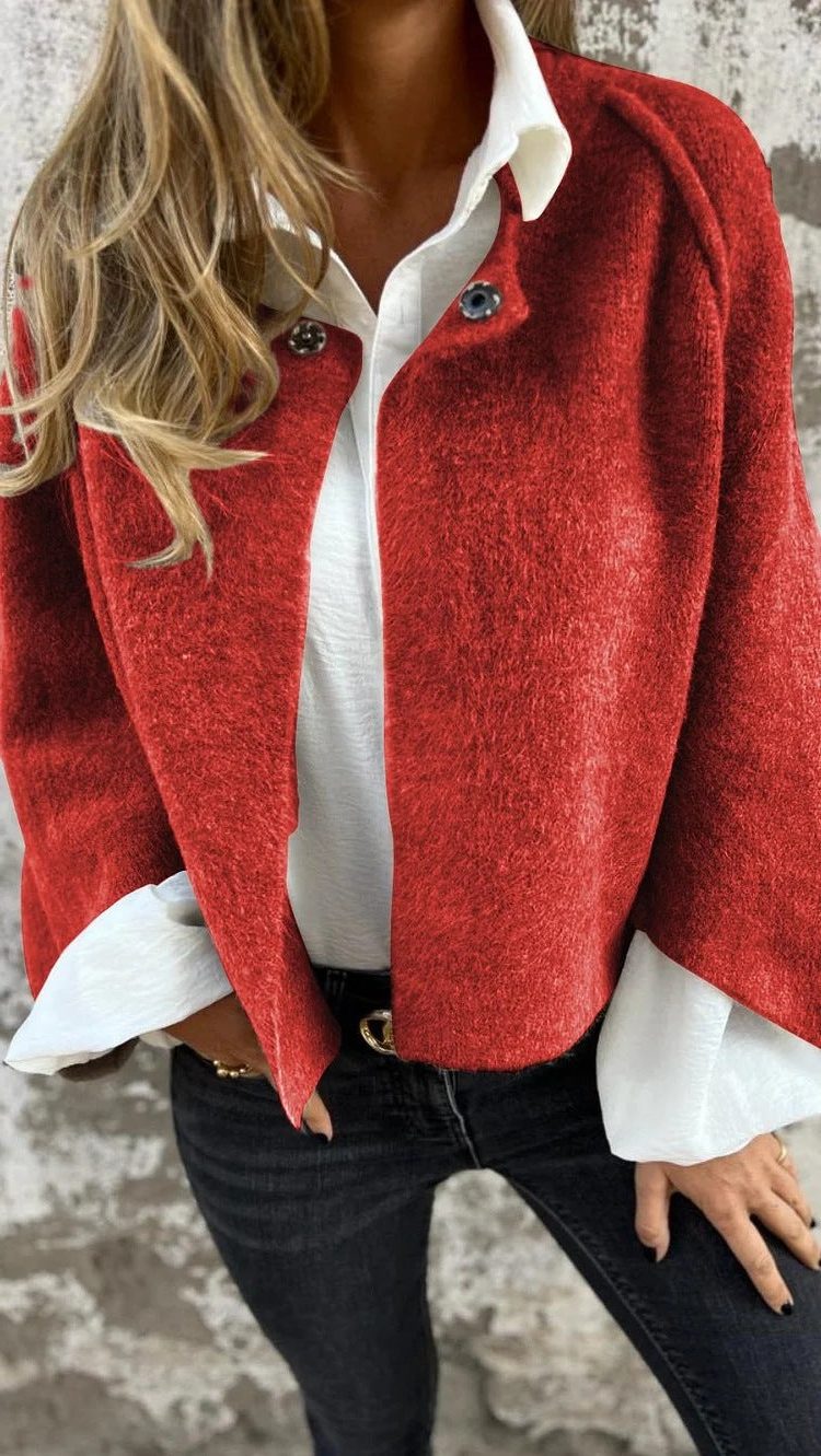 Button-Down Cropped Cardigan for Women - Red