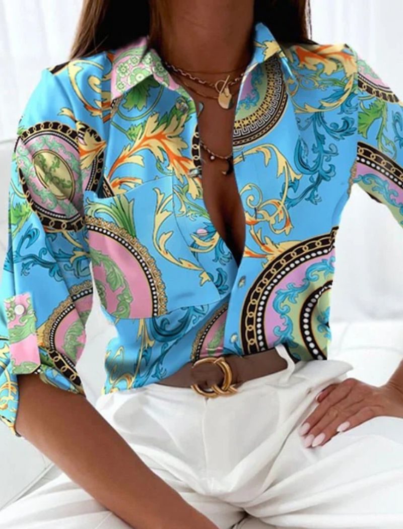 Button-Down Geometric Print Blouse for Women