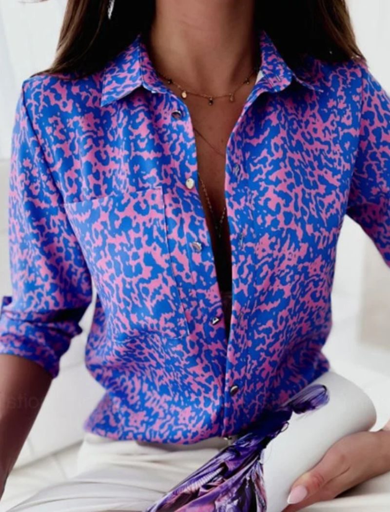 Button-Down Geometric Print Blouse for Women