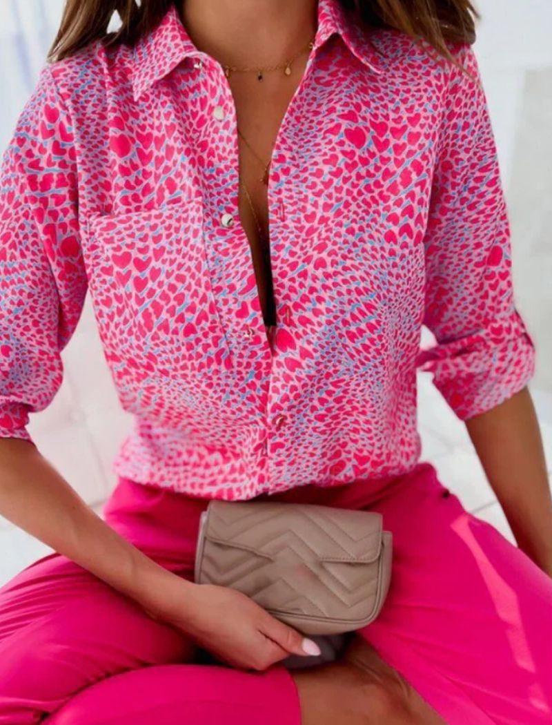 Button-Down Geometric Print Blouse for Women