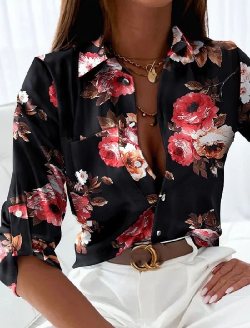 Button-Down Geometric Print Blouse for Women