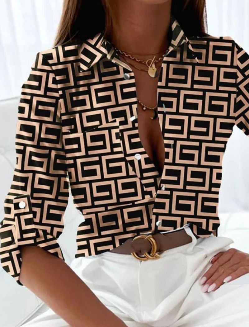Button-Down Geometric Print Blouse for Women