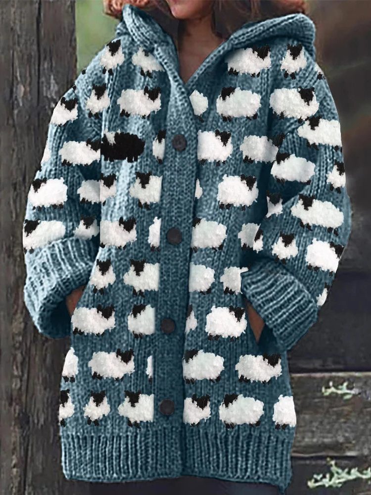 Button-Up Cardigan with Sheep Motif for Women