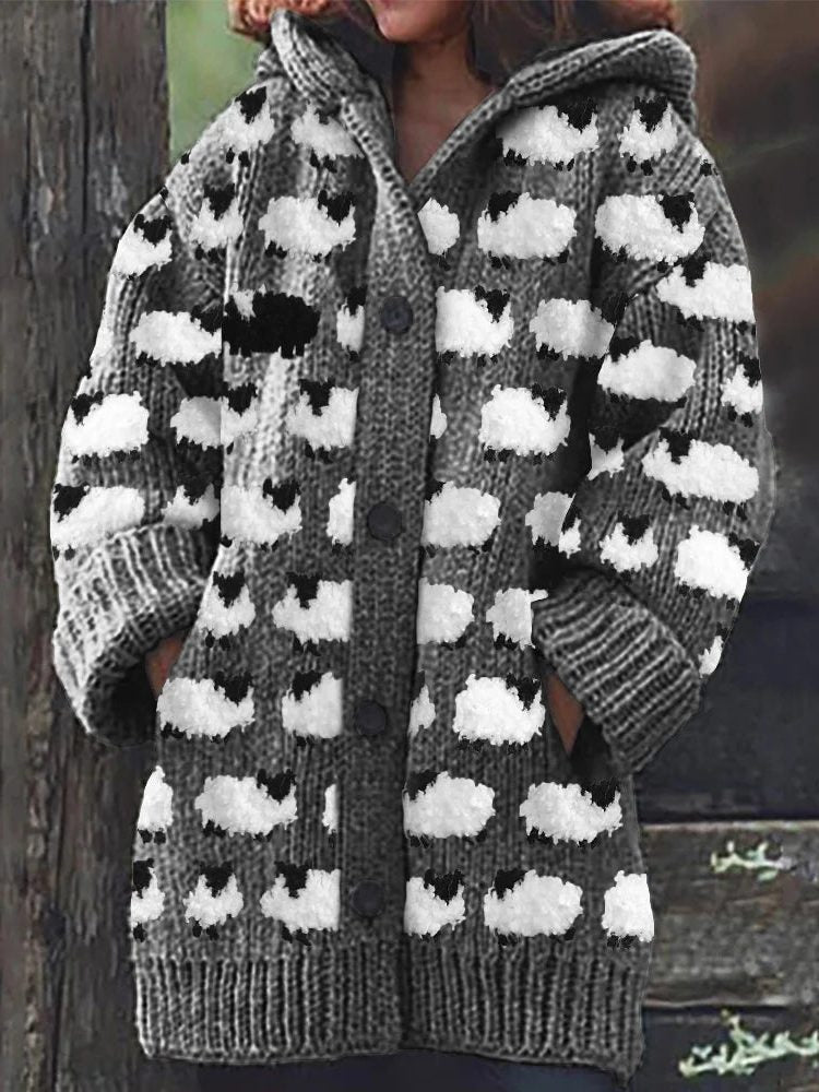 Button-Up Cardigan with Sheep Motif for Women