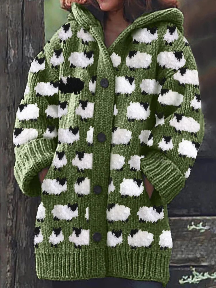 Button-Up Cardigan with Sheep Motif for Women