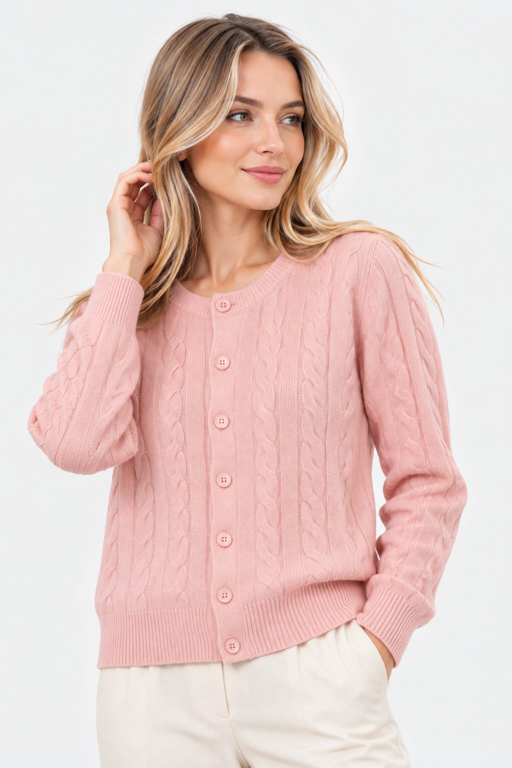 Cable Knit Button-Front Cardigan for Women - Pink