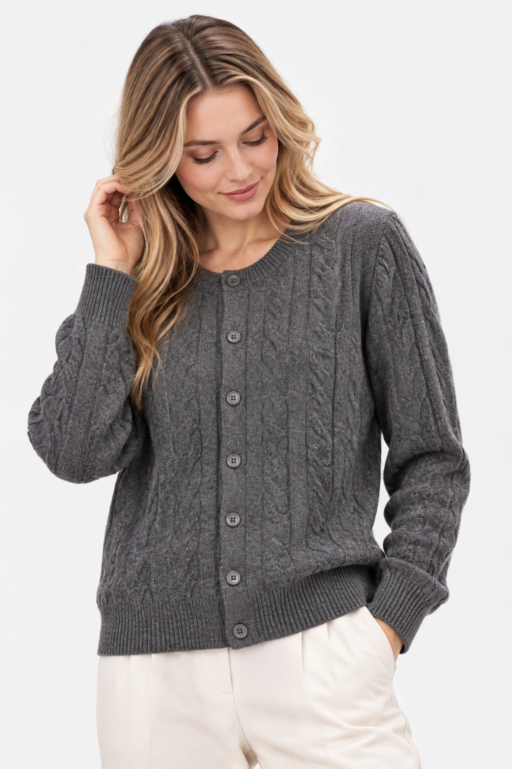 Cable Knit Button-Front Cardigan for Women - Grey