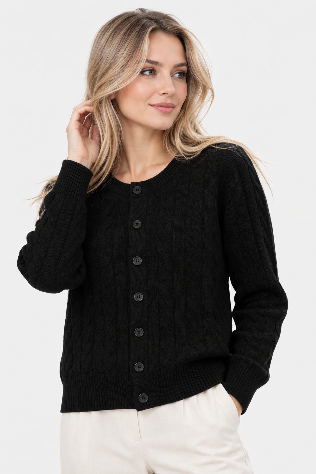 Cable Knit Button-Front Cardigan for Women - Black