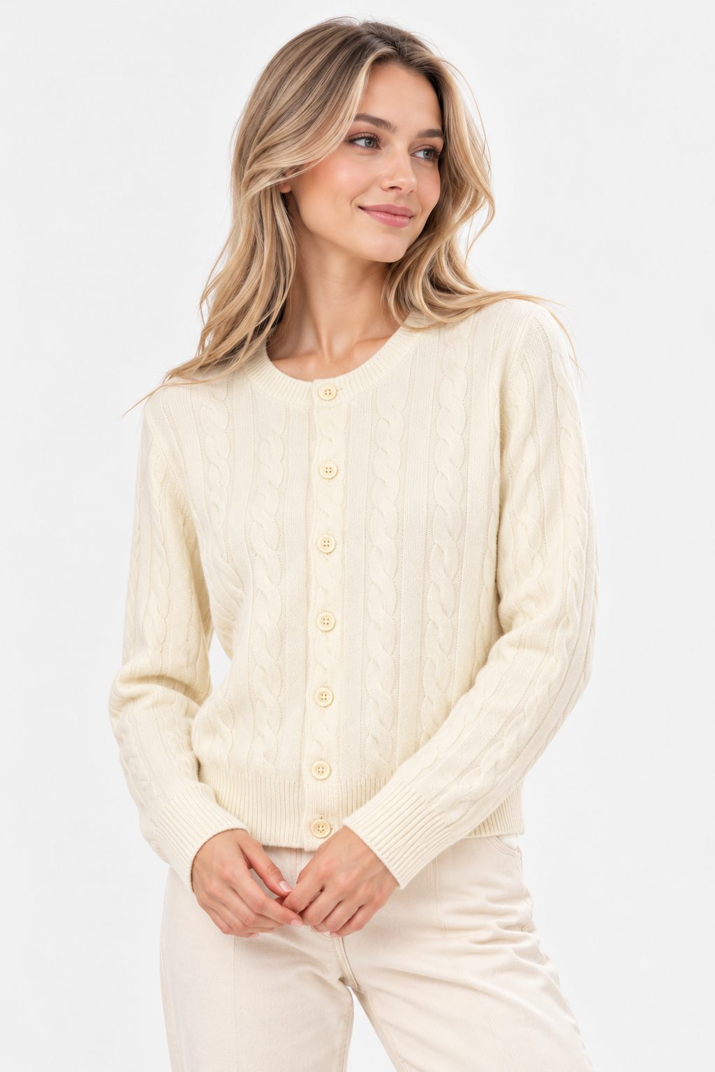 Cable Knit Button-Front Cardigan for Women - Cream