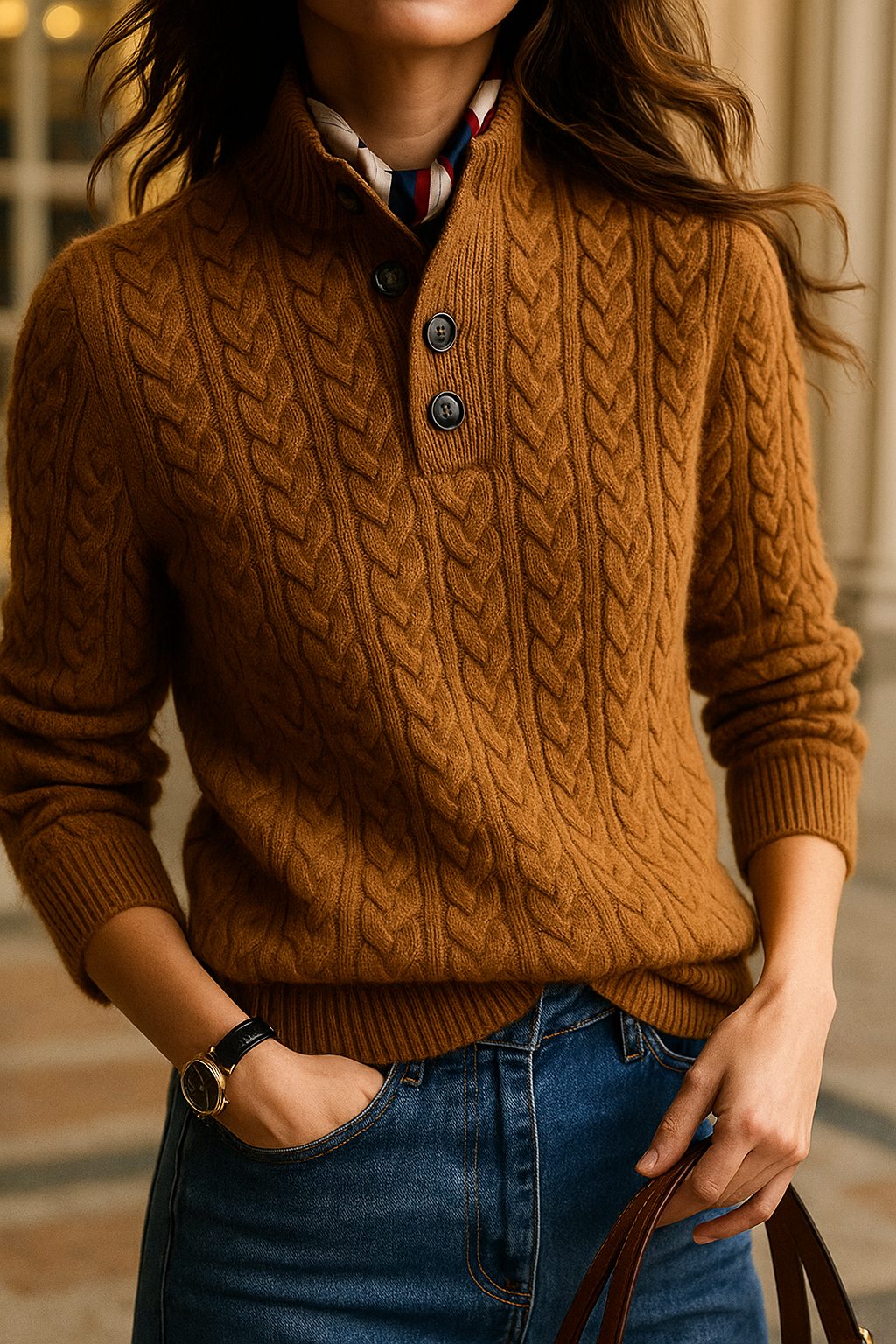 Cable Knit Button-Up Sweater for Women