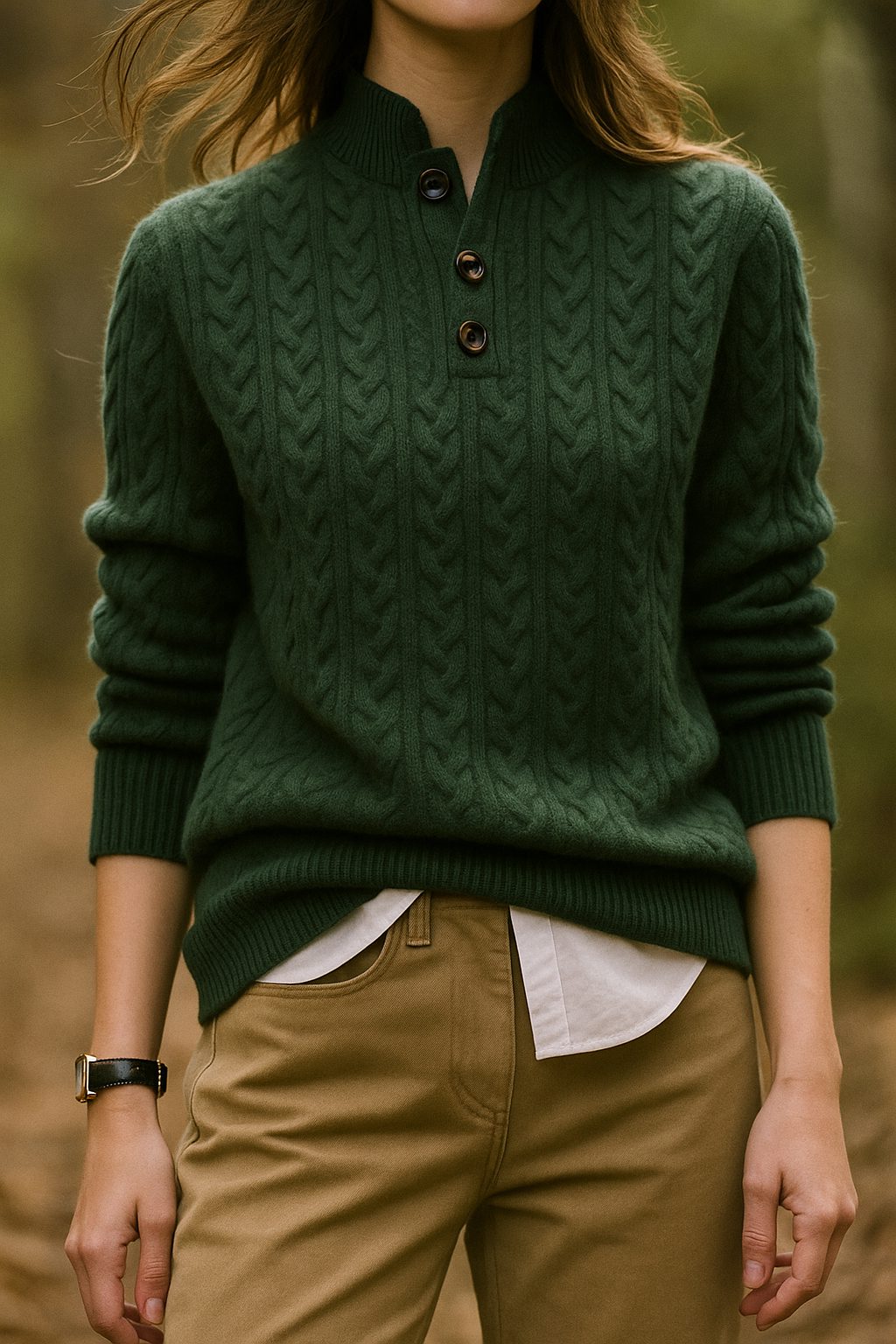 Cable Knit Button-Up Sweater for Women - Olive