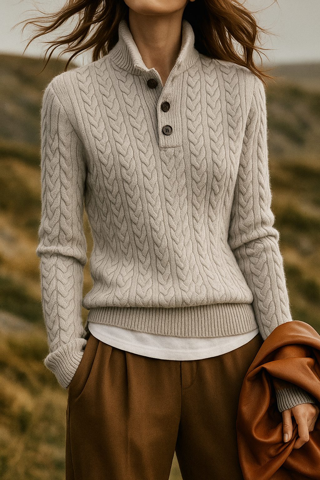 Cable Knit Button-Up Sweater for Women - Grey