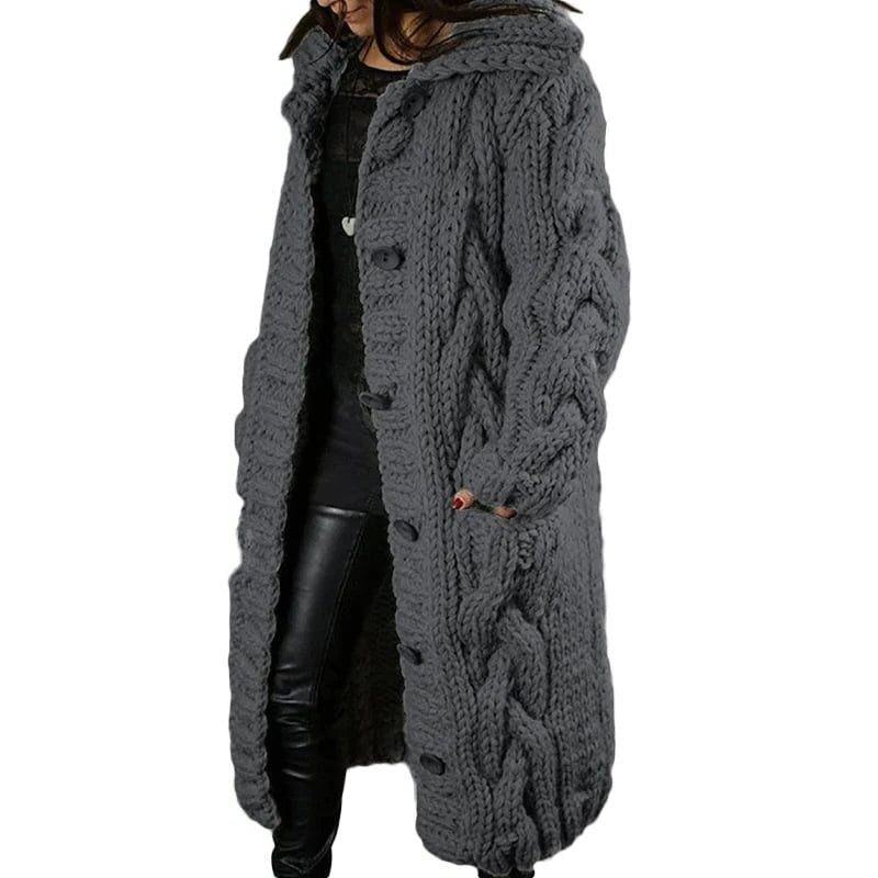 Cable Knit Chunky Longline Cardigan Coat with Hood for Women