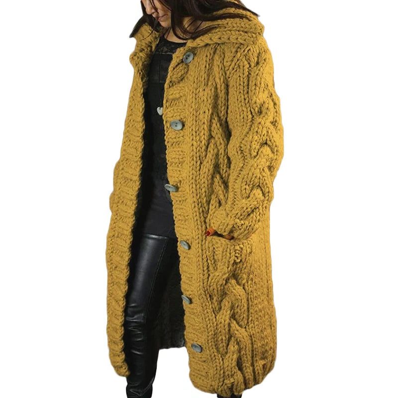 Cable Knit Chunky Longline Cardigan Coat with Hood for Women - Yellow