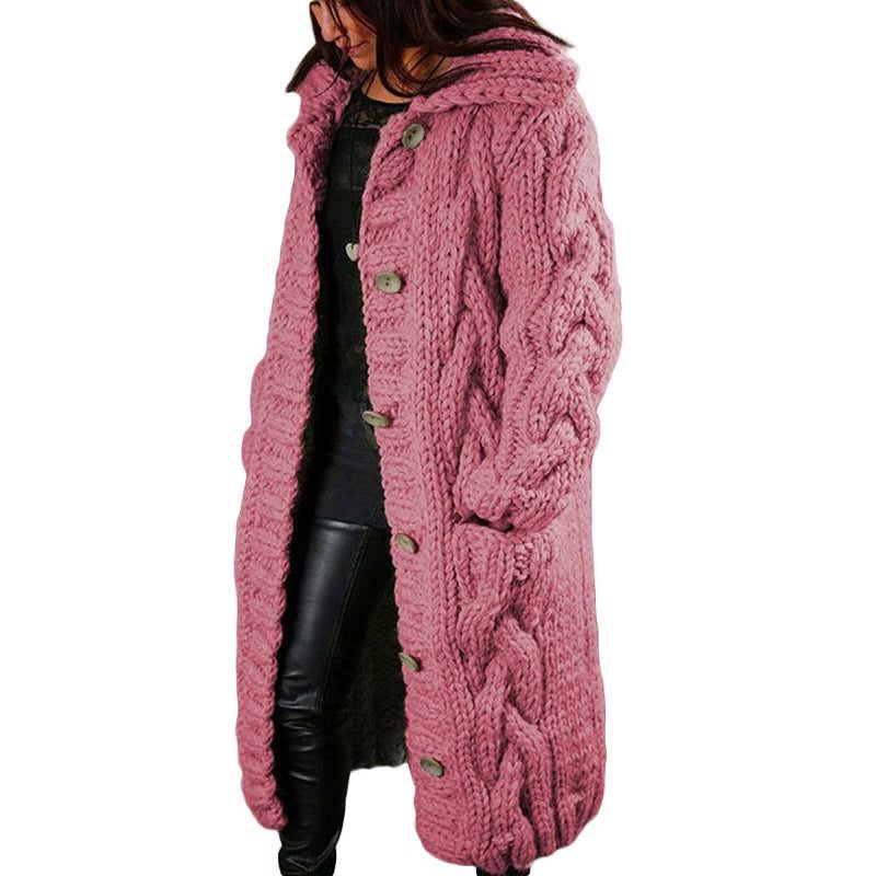Cable Knit Chunky Longline Cardigan Coat with Hood for Women