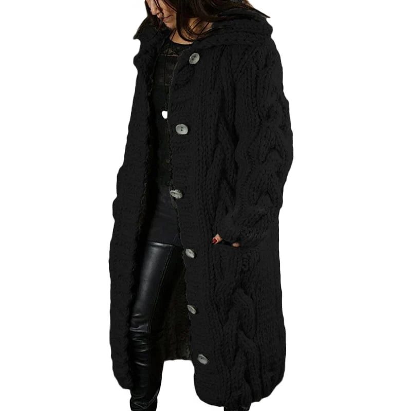Cable Knit Chunky Longline Cardigan Coat with Hood for Women - Black