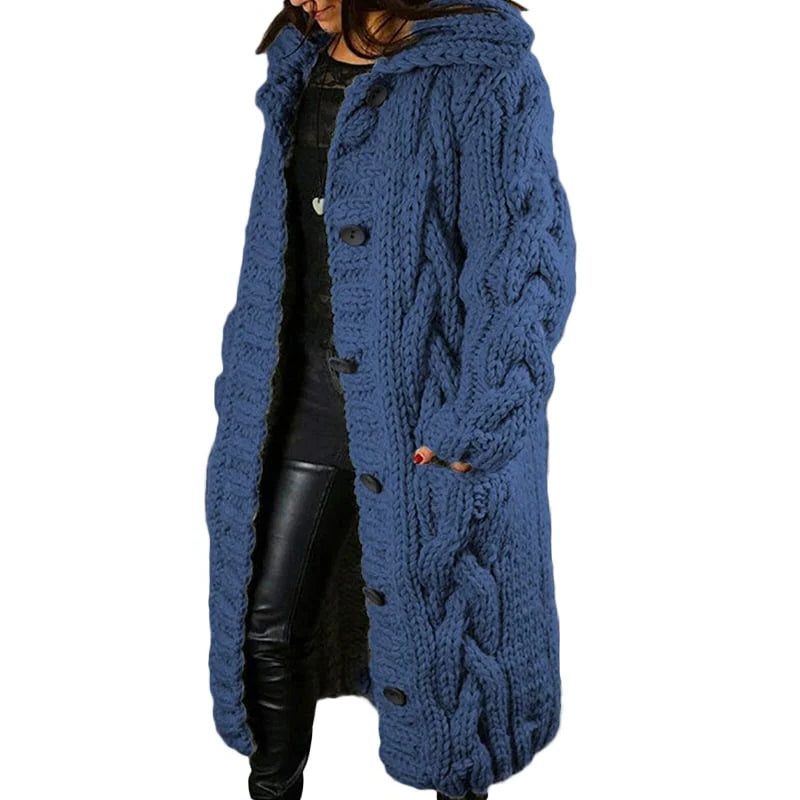 Cable Knit Chunky Longline Cardigan Coat with Hood for Women - Navy