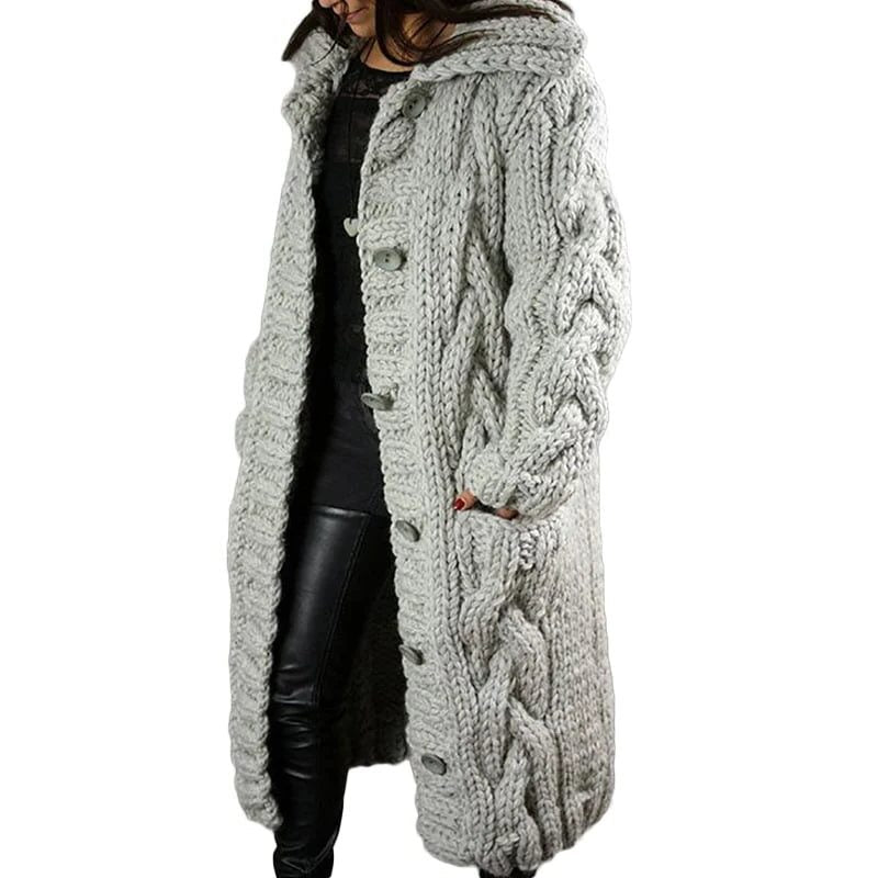 Cable Knit Chunky Longline Cardigan Coat with Hood for Women - Light Grey