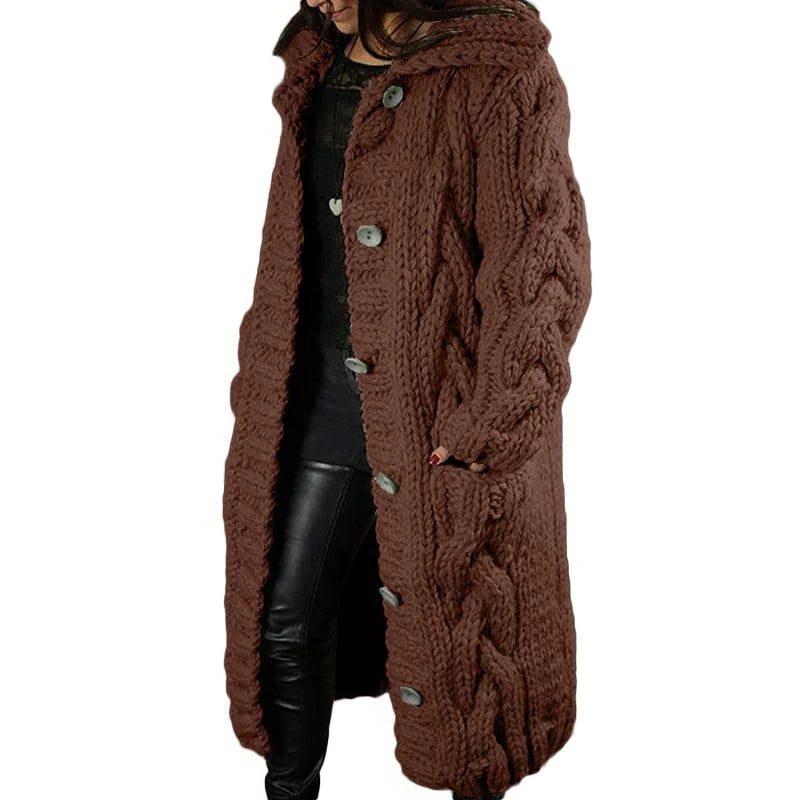 Cable Knit Chunky Longline Cardigan Coat with Hood for Women - Brown