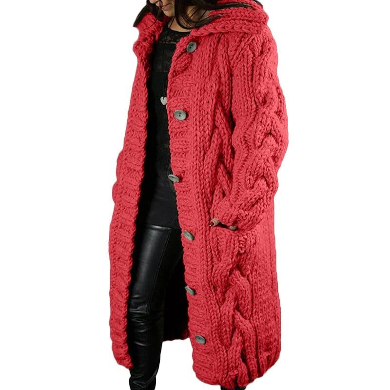 Cable Knit Chunky Longline Cardigan Coat with Hood for Women - Red
