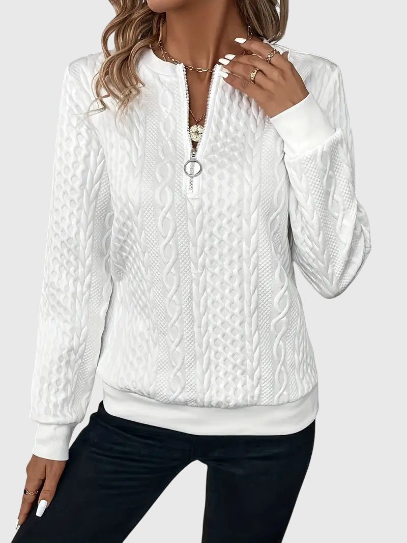 Cable Knit Half-Zip Jumper for Women - White with White Zip