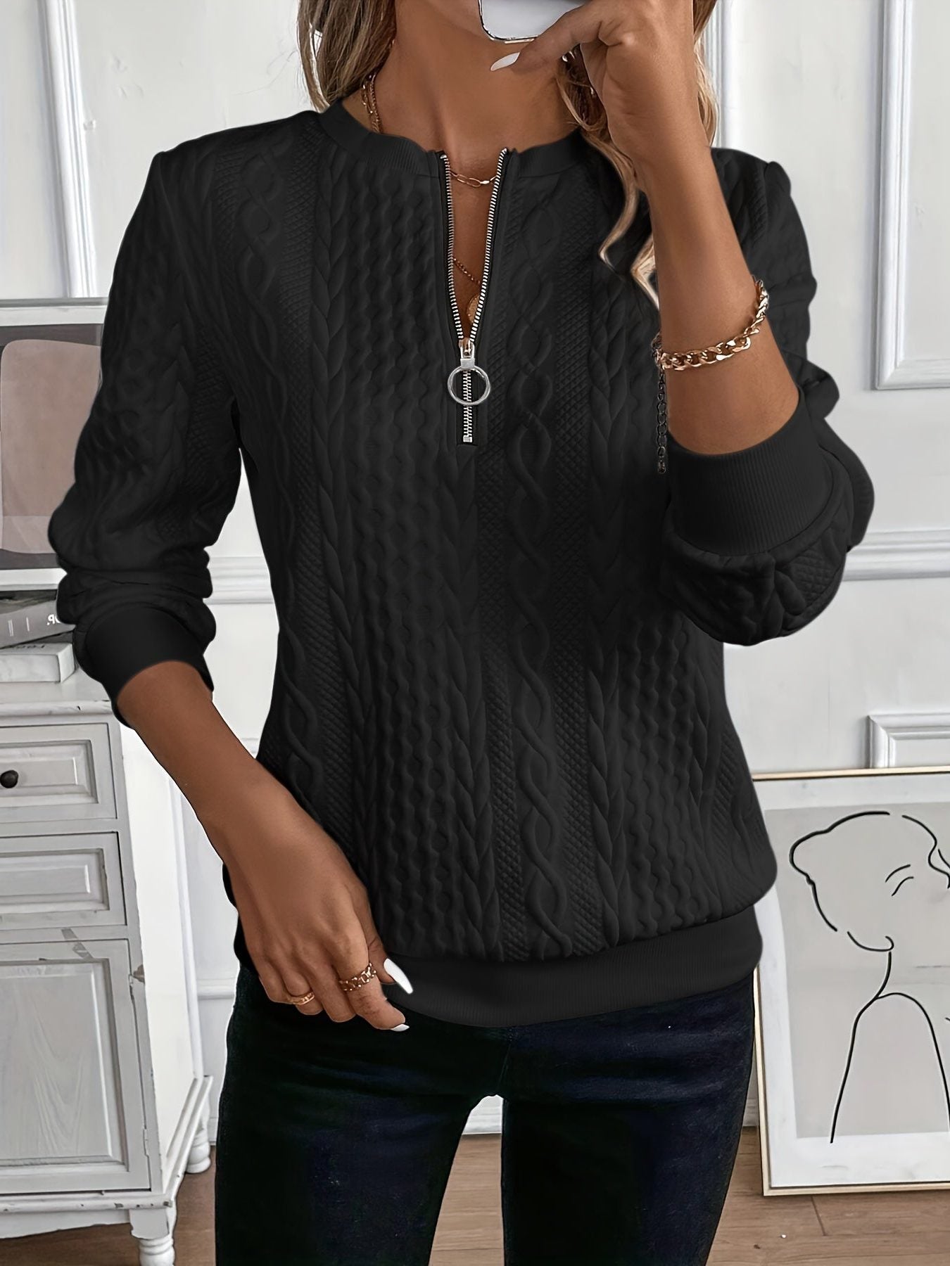 Cable Knit Half Zip Sweatshirt for Women - Black