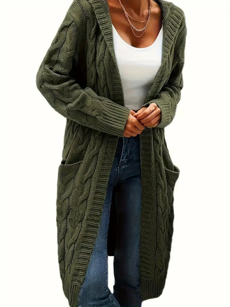Cable Knit Long Cardigan for Women - Army Green
