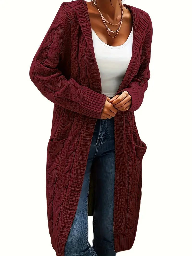 Cable Knit Long Cardigan for Women - Brick Red