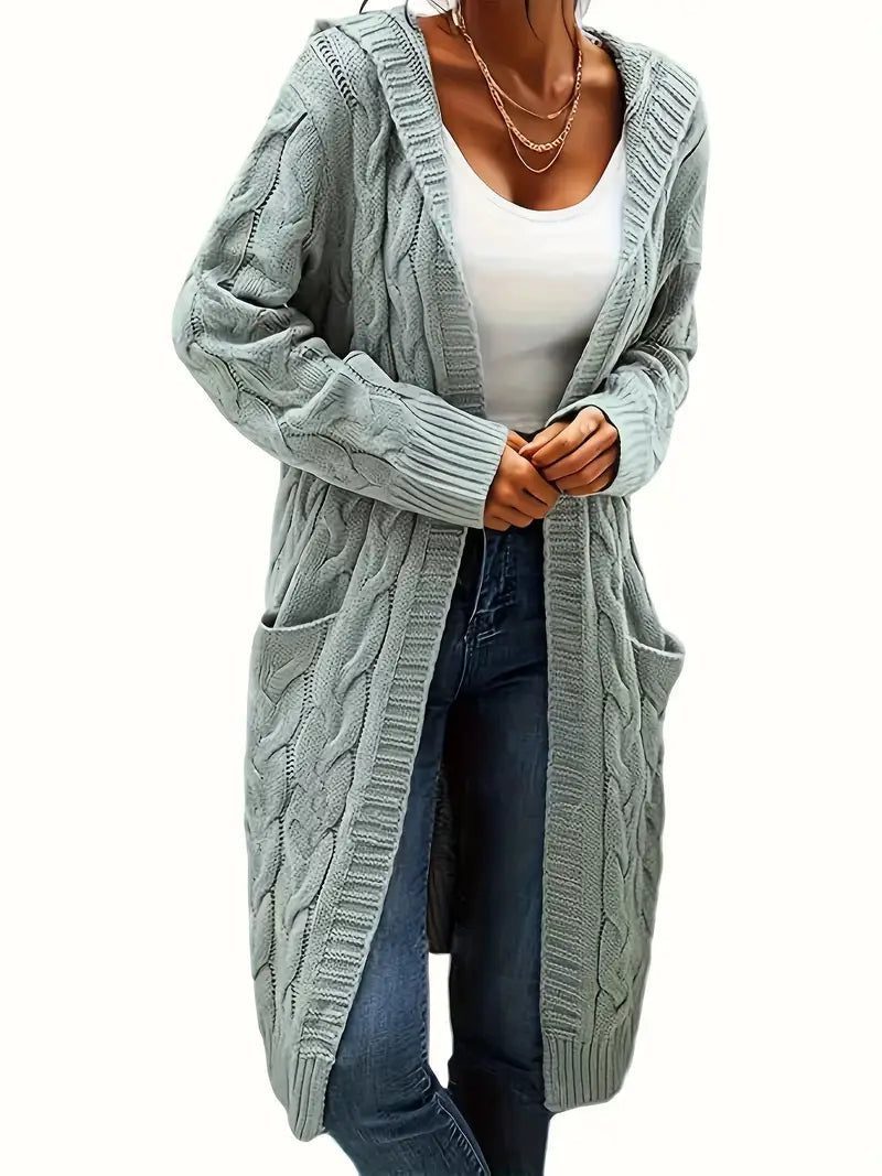 Cable Knit Long Cardigan for Women - Grass Green