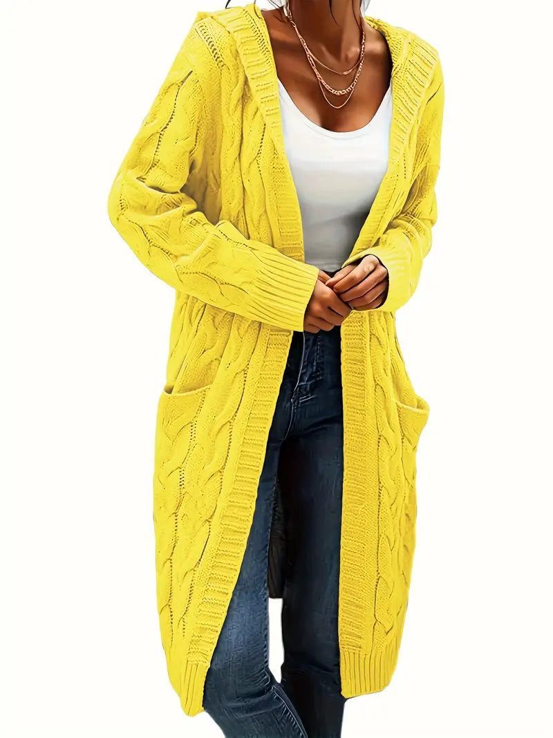 Cable Knit Long Cardigan for Women - Yellow