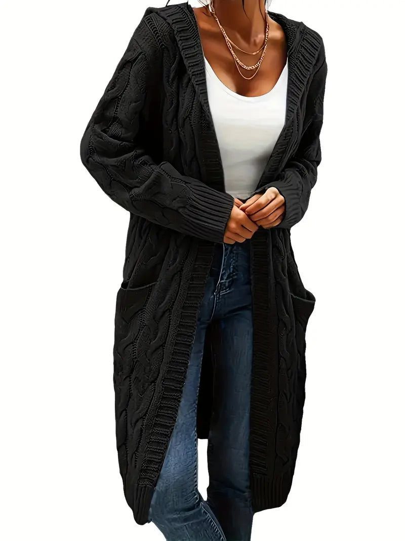 Cable Knit Long Cardigan for Women - Black