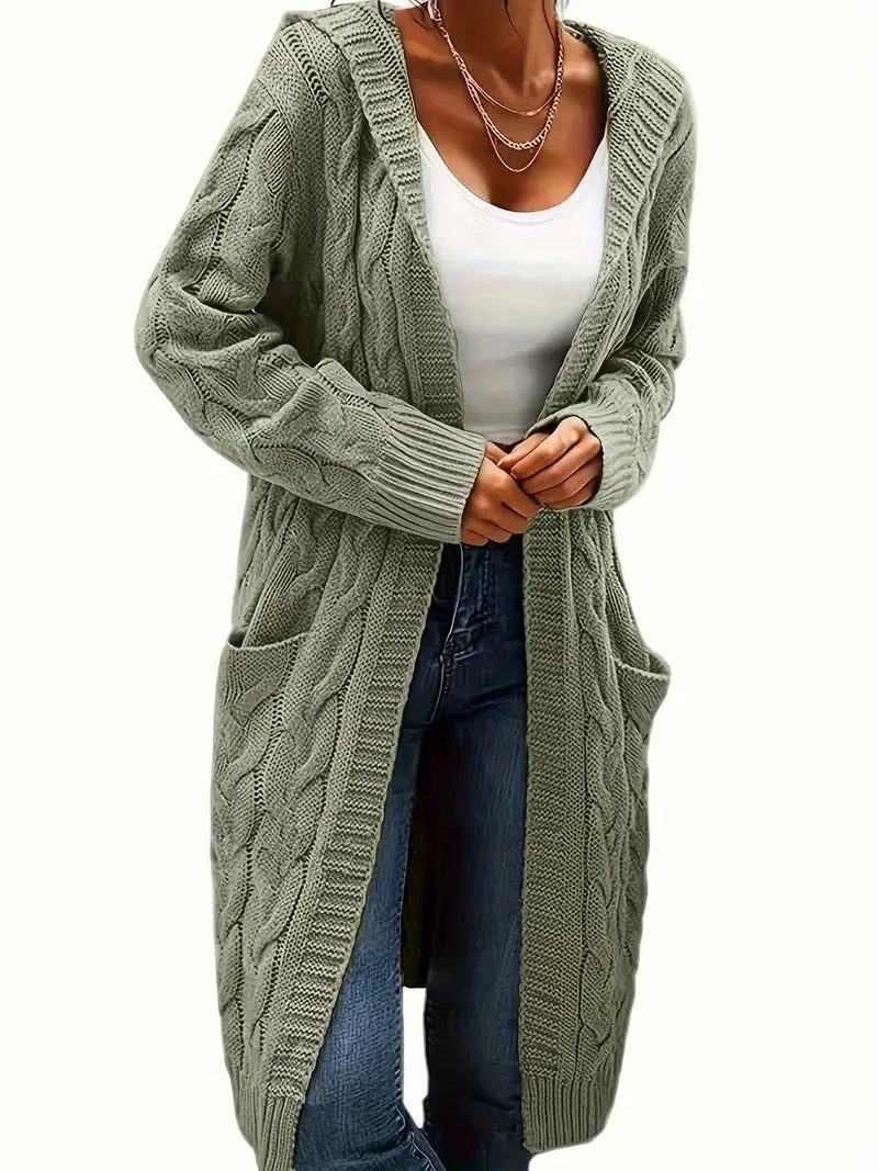 Cable Knit Long Cardigan for Women - Moss Green