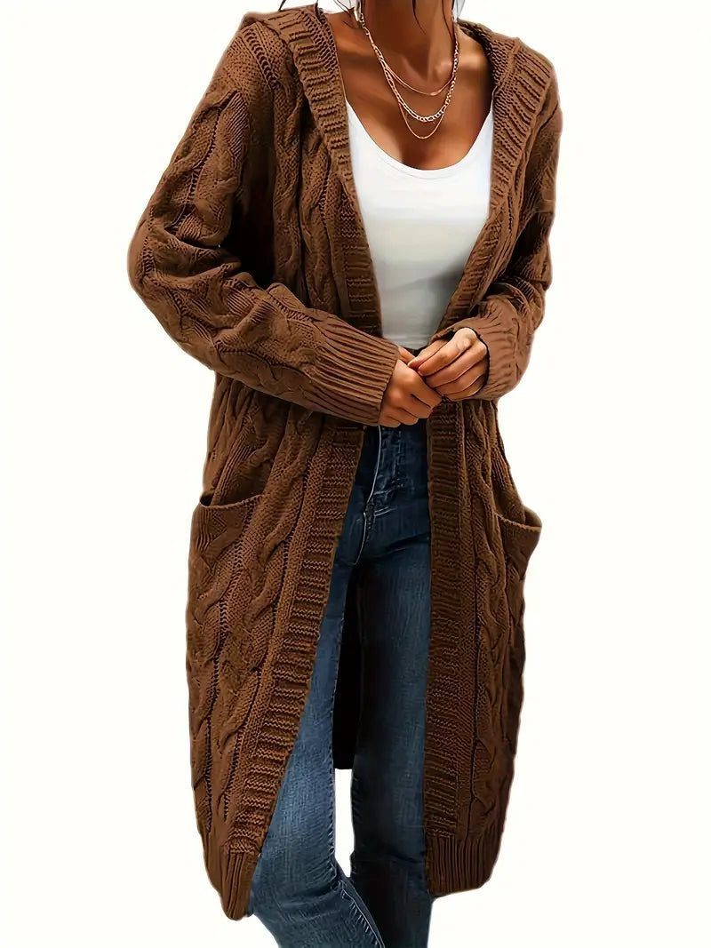 Cable Knit Long Cardigan for Women - Dark Brown
