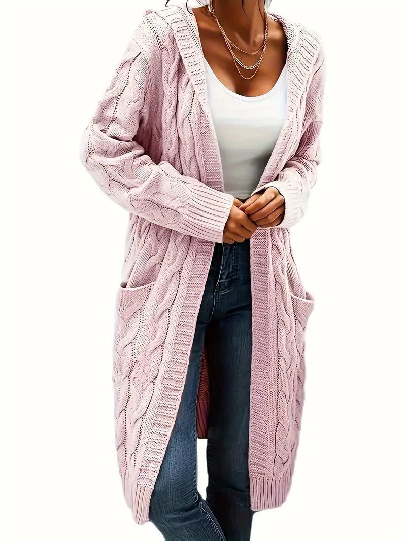 Cable Knit Long Cardigan for Women - Pink