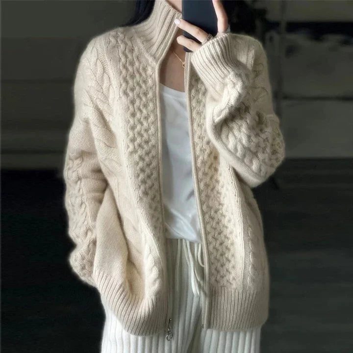 Cable Knit Long Cardigan with Zip-Up Front for Women