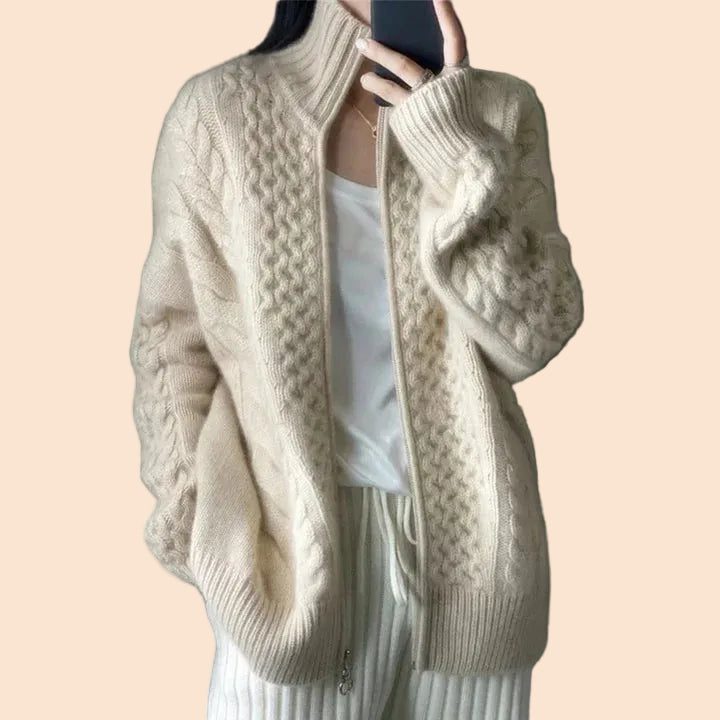 Cable Knit Long Cardigan with Zip-Up Front for Women - View 2