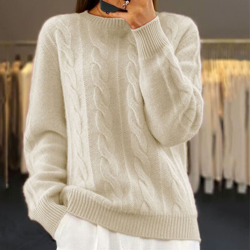 Cable Knit Long Sleeve Crew Neck Sweater for Women