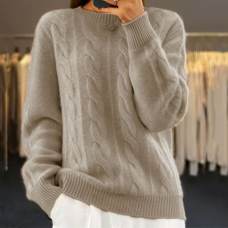 Cable Knit Long Sleeve Crew Neck Sweater for Women - Khaki